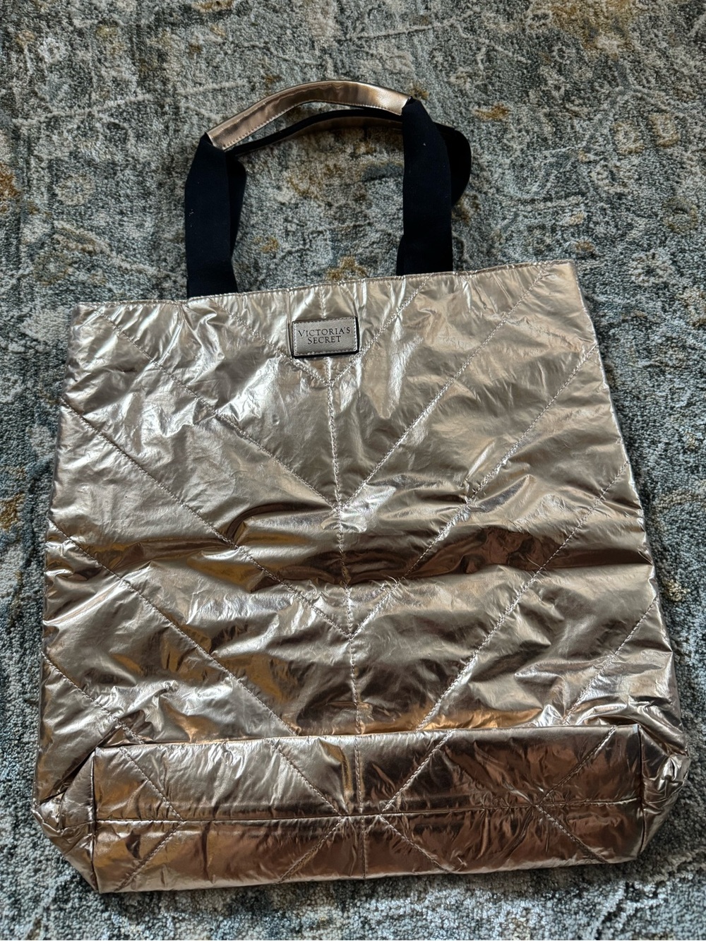 Victoria's Secret Metallic Rose Gold Quilted Tote with Black Handles